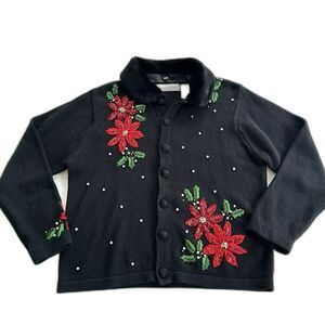 Victoria Jones Women's Xmas Poinsettia Sweater PETITE Removable Fur Collar Sz PM